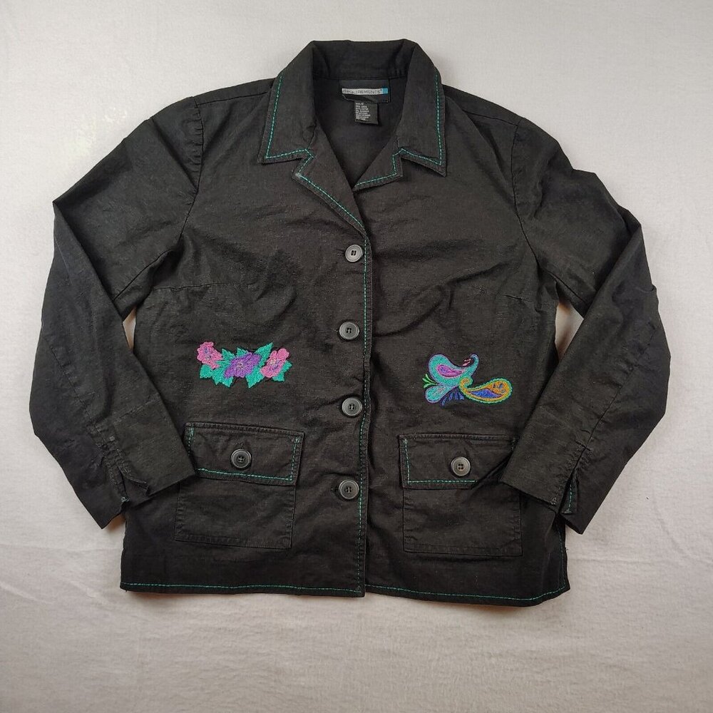 Requirements Black Button Up Embroidered Shirt Peacock Floral Linen Sz 10 - Picture 2 of 12